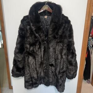 Vintage Black Faux Fur Coat Shawl Collar USA Made Women Small Winter Long Jacket